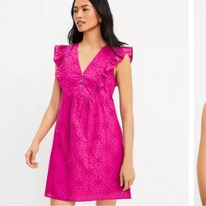 Loft Pink Eyelet Button Ruffle Swing Dress